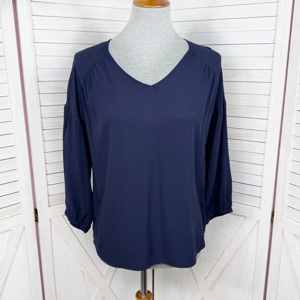G.H.Bass V Neck Gathered Back Tunic Shirt Top Navy Blue‎ XS